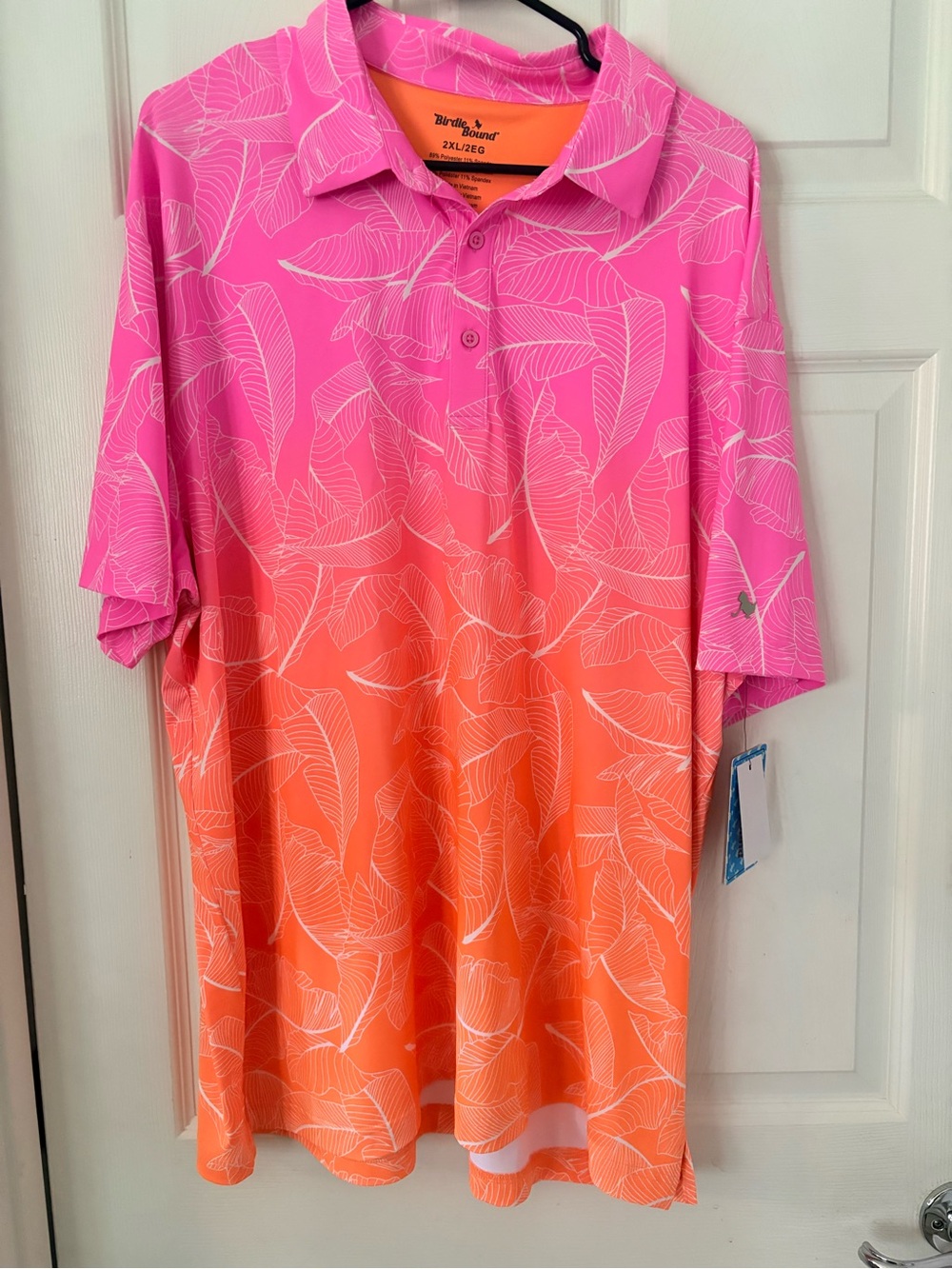 Birdie Bound Pink and Orange Gradient Leaf-Print Polo-XXL